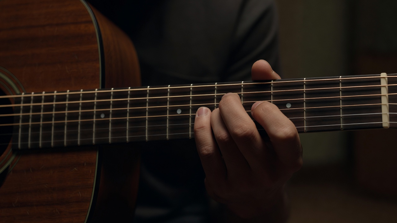 Close view of a hand forming a chord on an acoustic guitar in low light