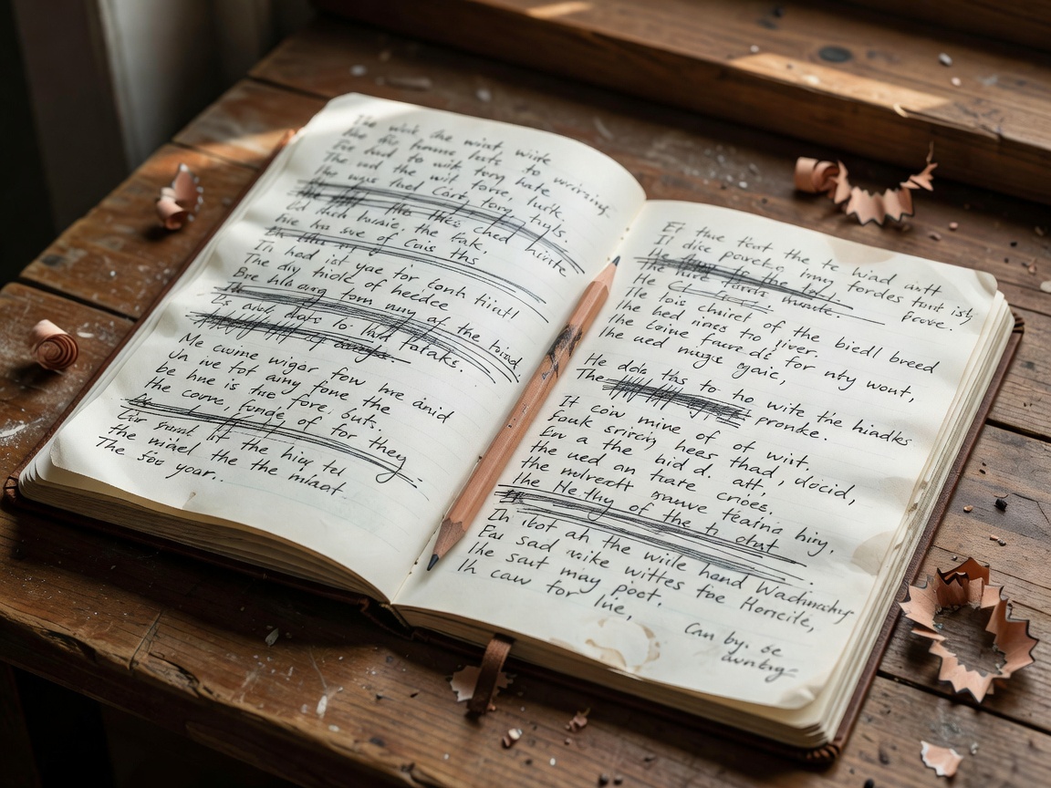 Handwritten lyric draft with crossed-out phrases and a pencil beside the notebook