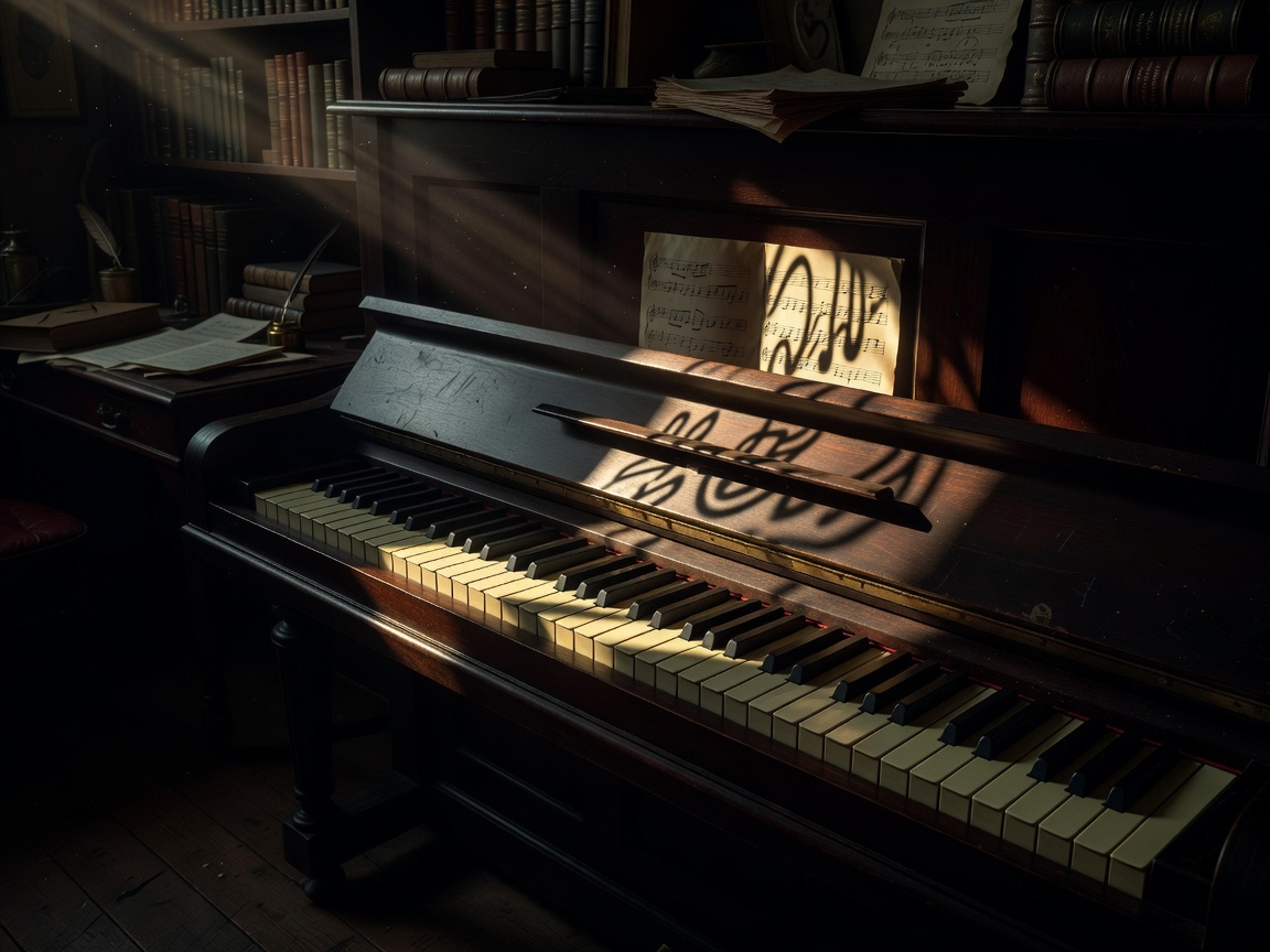 Piano keys lit from the side in a quiet, dark songwriting room