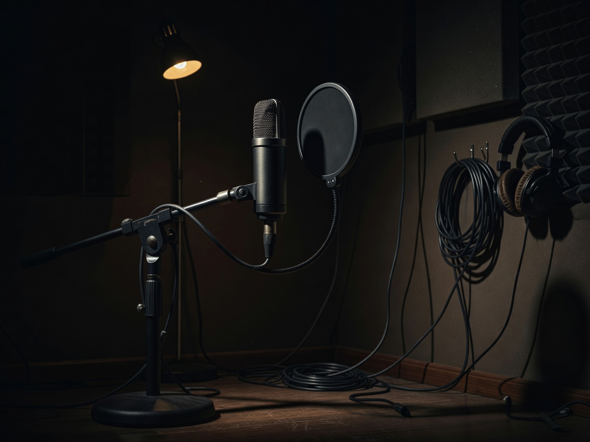 Vocal microphone with a pop filter standing in a dim home studio